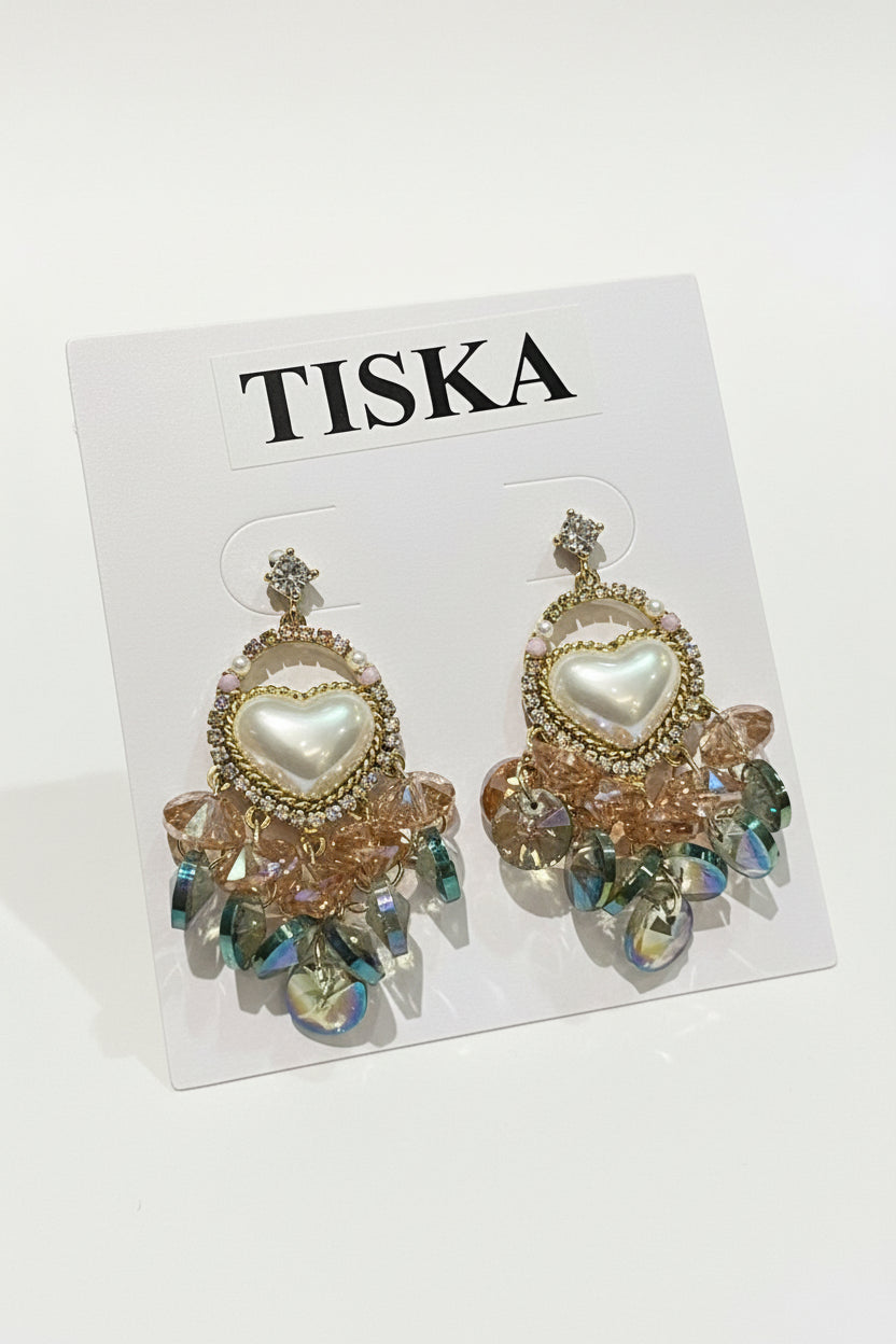 Pearl Heart Crystal Drop Statement Earrings