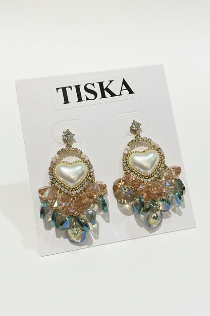 Pearl Heart Crystal Drop Statement Earrings