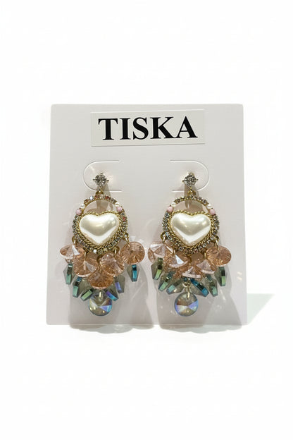 Pearl Heart Crystal Drop Statement Earrings