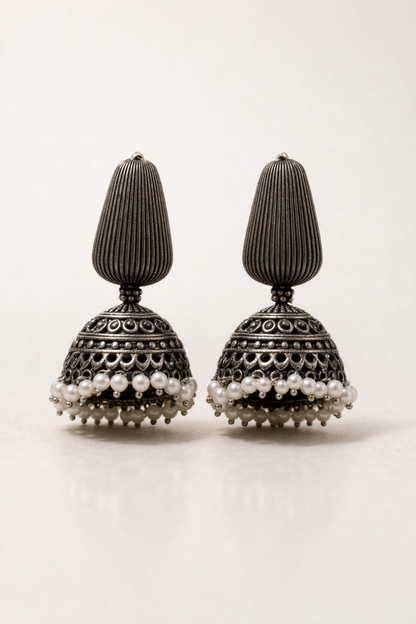 Classic Oxidised Dome Jhumka Earrings with Pearl Drops