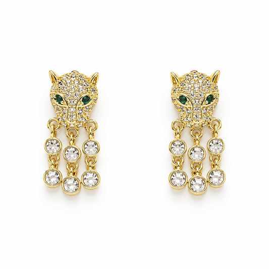 Golden Panther Crystal Drop Earrings