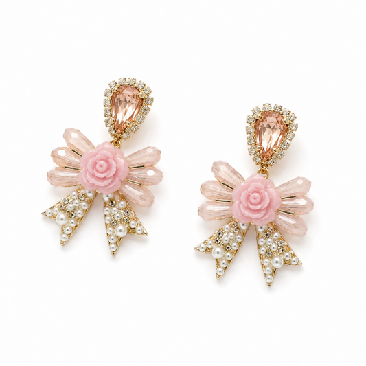 Blush Rose Bow Crystal Stud Earrings