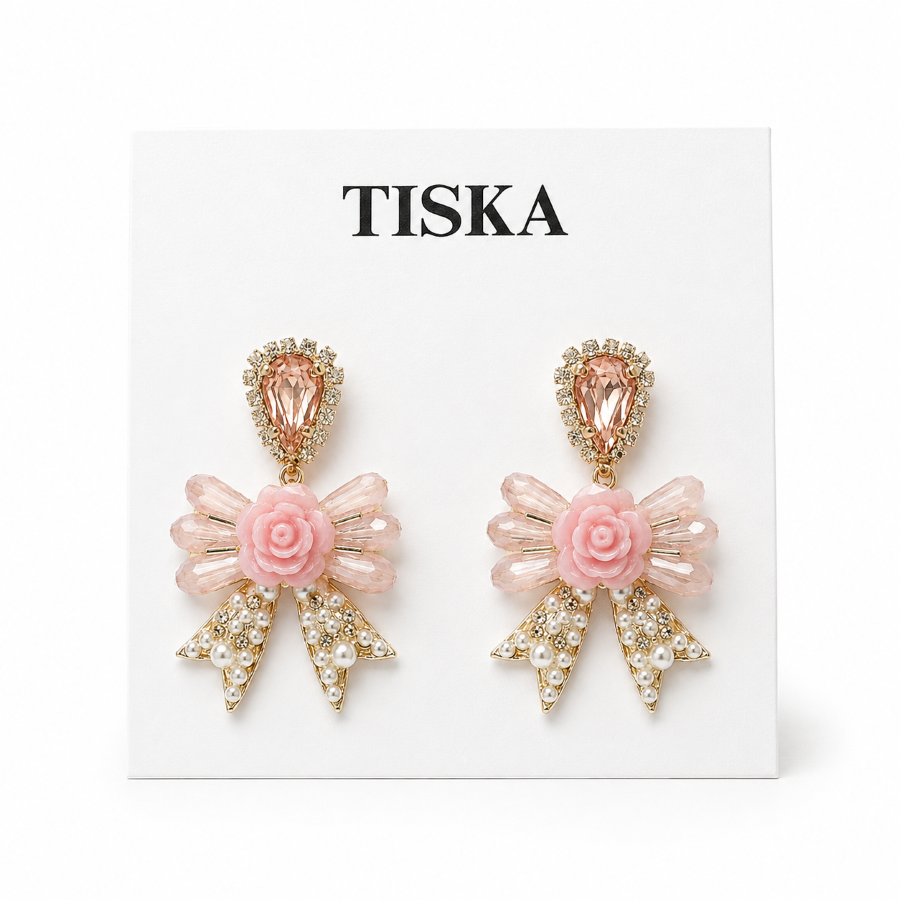 Blush Rose Bow Crystal Stud Earrings