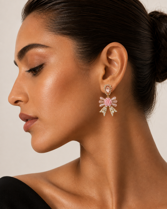 Blush Rose Bow Crystal Stud Earrings