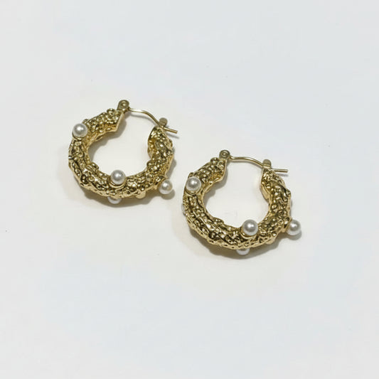 18K Gold Plated Pearl Textured Hoop Earrings