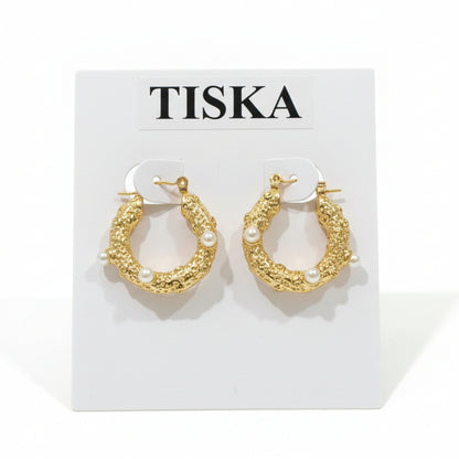 18K Gold Plated Pearl Textured Hoop Earrings