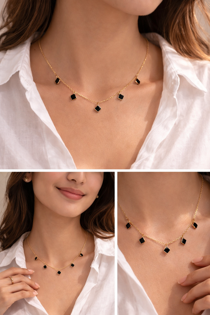Black Charm Drop Necklace (Anti-Tarnish)