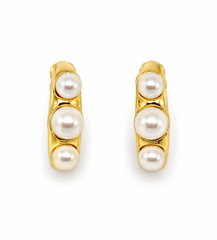 Golden Trio Pearl Stud Earrings |  925 Silver