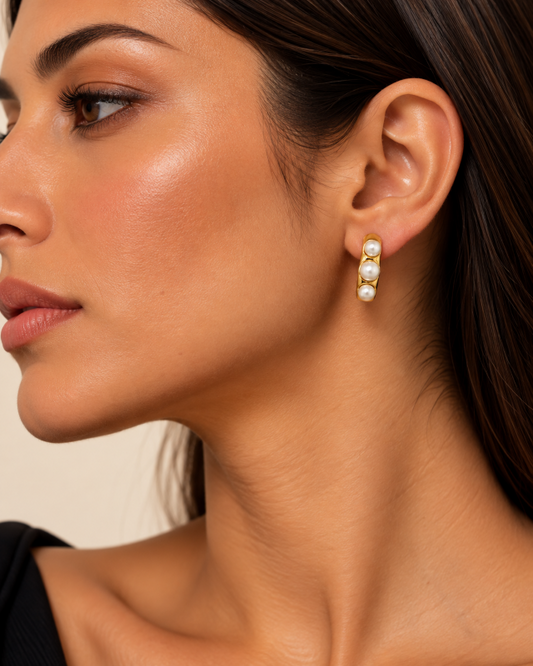 Golden Trio Pearl Stud Earrings |  925 Silver