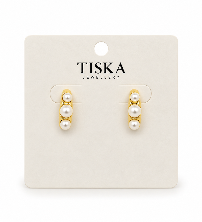 Golden Trio Pearl Stud Earrings |  925 Silver