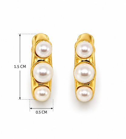 Golden Trio Pearl Stud Earrings |  925 Silver