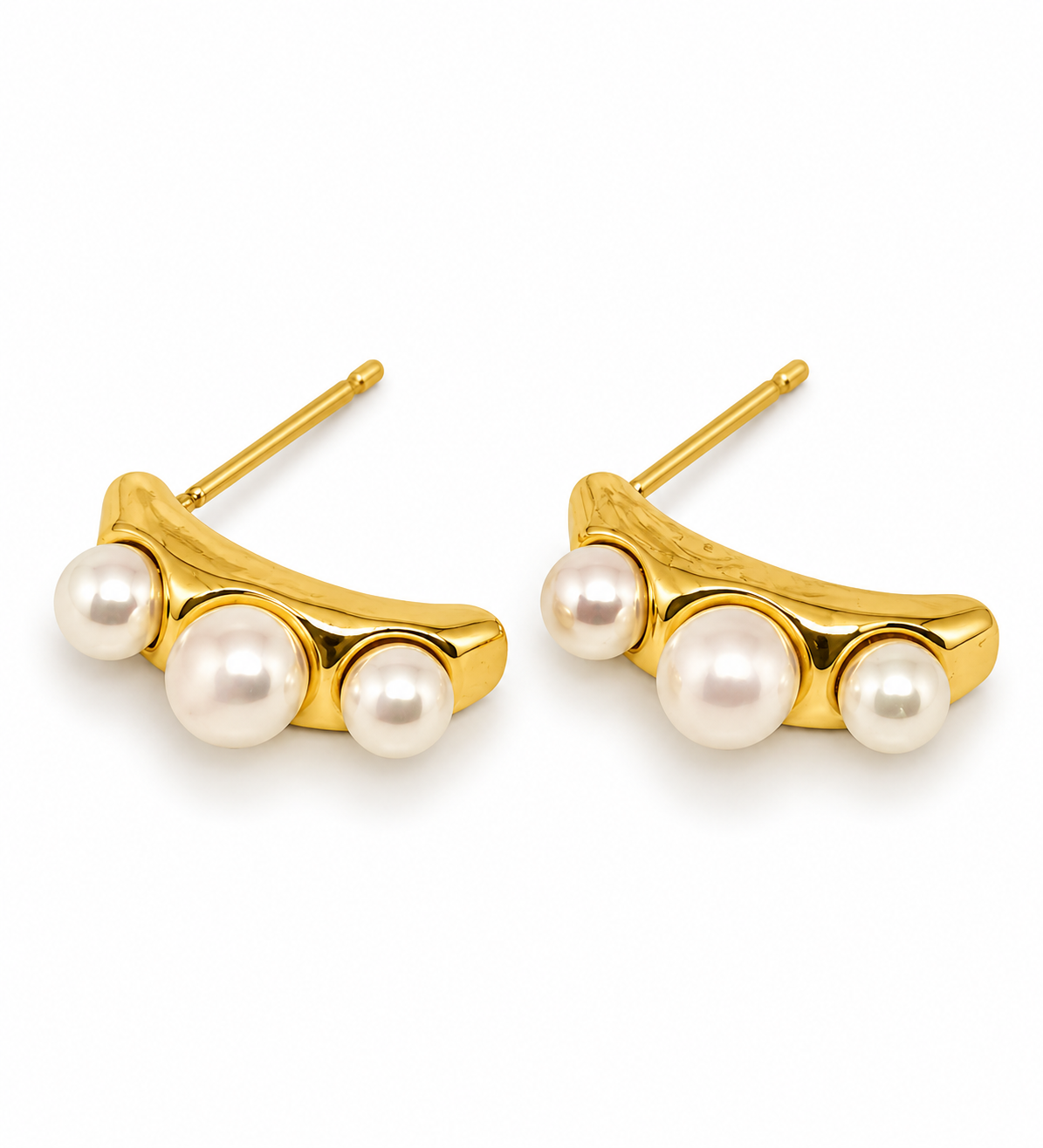Golden Trio Pearl Stud Earrings |  925 Silver