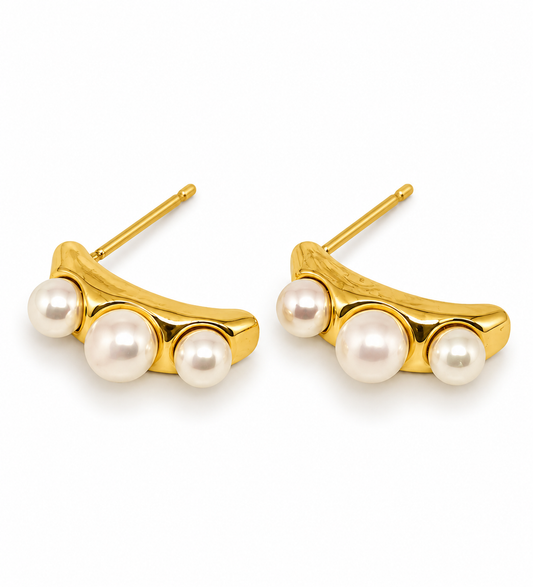 Golden Trio Pearl Stud Earrings |  925 Silver