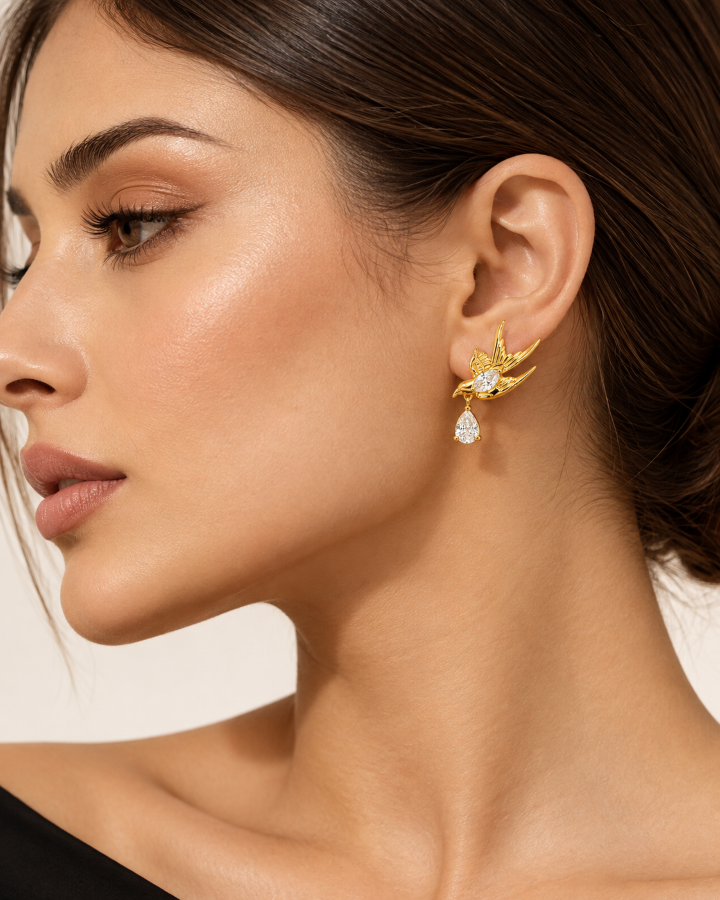 Golden Crystal Bird Drop Earrings