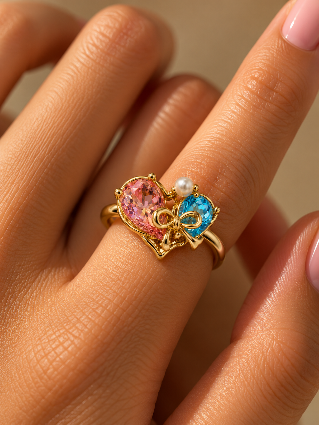 Pastel Crystal Heart Bow Ring