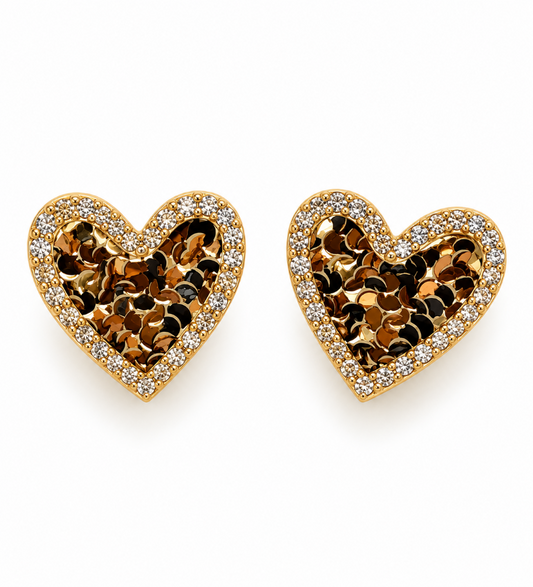 Golden Crystal Heart Stud Earrings |  925 Silver