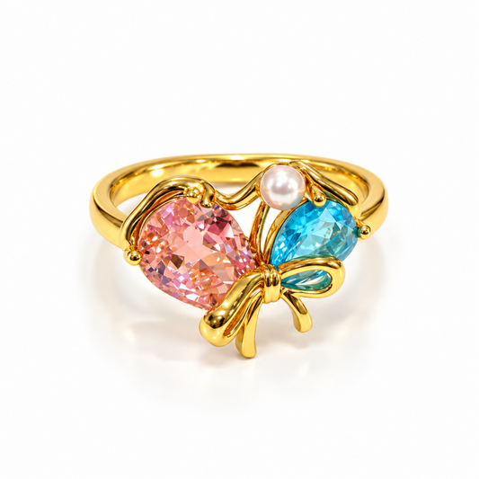 Pastel Crystal Heart Bow Ring