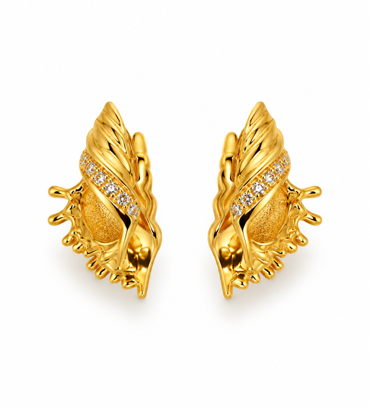 Golden Seashell Crystal Stud Earrings