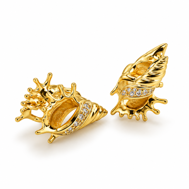 Golden Seashell Crystal Stud Earrings