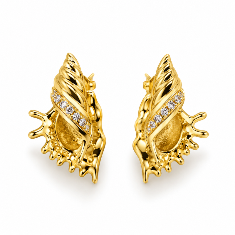 Golden Seashell Crystal Stud Earrings