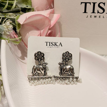 Royal Elephant Oxidised Pearl Earrings