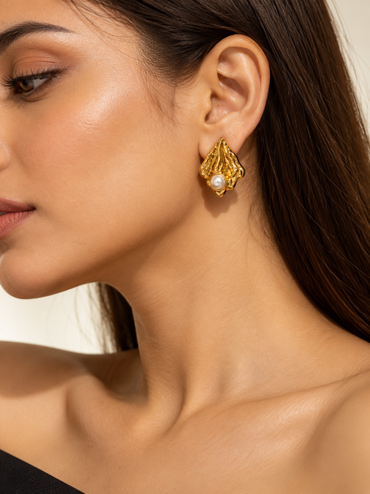 Golden Sculpted Pearl Stud Earrings | Premium Stainless Steel