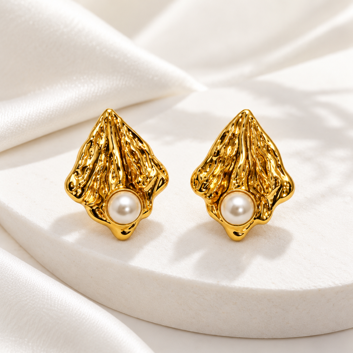 Golden Sculpted Pearl Stud Earrings | Premium Stainless Steel