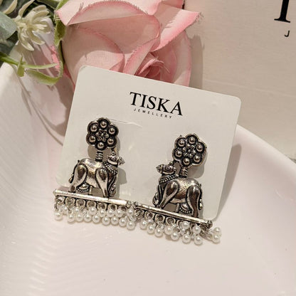 Royal Elephant Oxidised Pearl Earrings