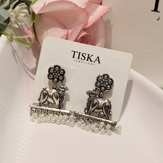 Royal Elephant Oxidised Pearl Earrings