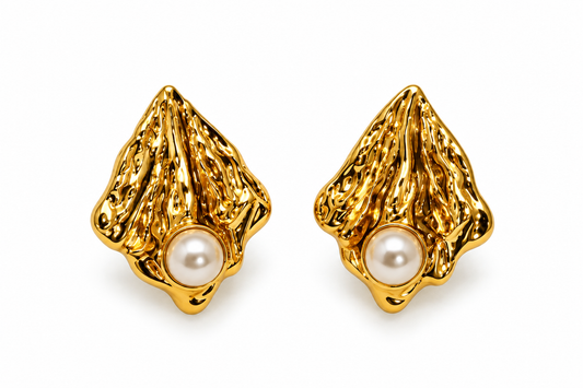 Golden Sculpted Pearl Stud Earrings | Premium Stainless Steel