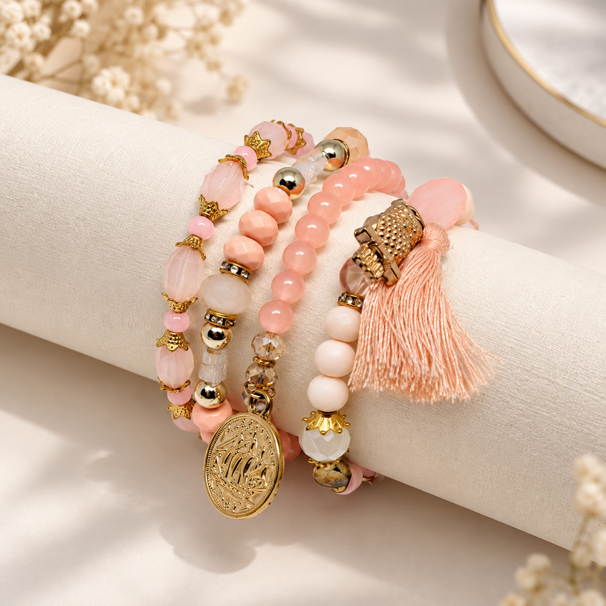 Blush Luxe Charm Bracelet Set (Set of 4) – Beaded Tassel Stack