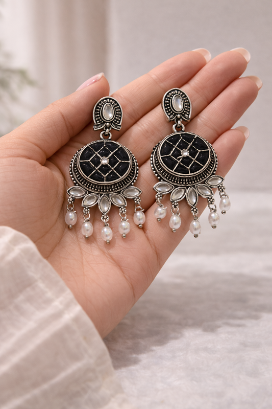 Midnight Mesh Oxidised Pearl Drop Earrings