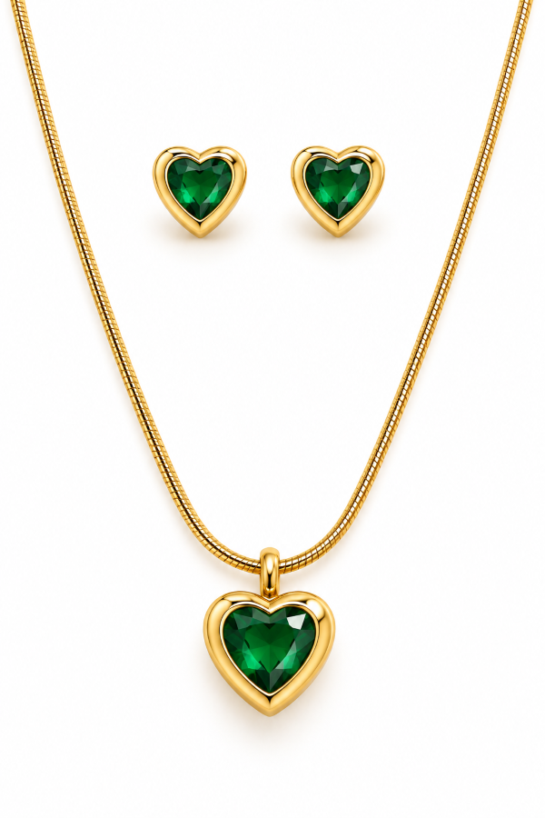 Emerald Heart Pendant Jewellery Set OF 2