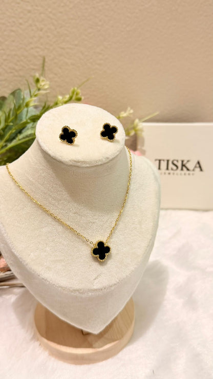 White & Gold Clover Pendant & Stud Set