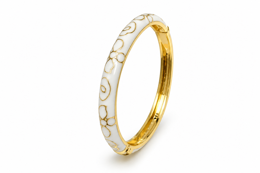 White Enamel Floral Gold Bangle (Anti-Tarnish) | small to medium wrists