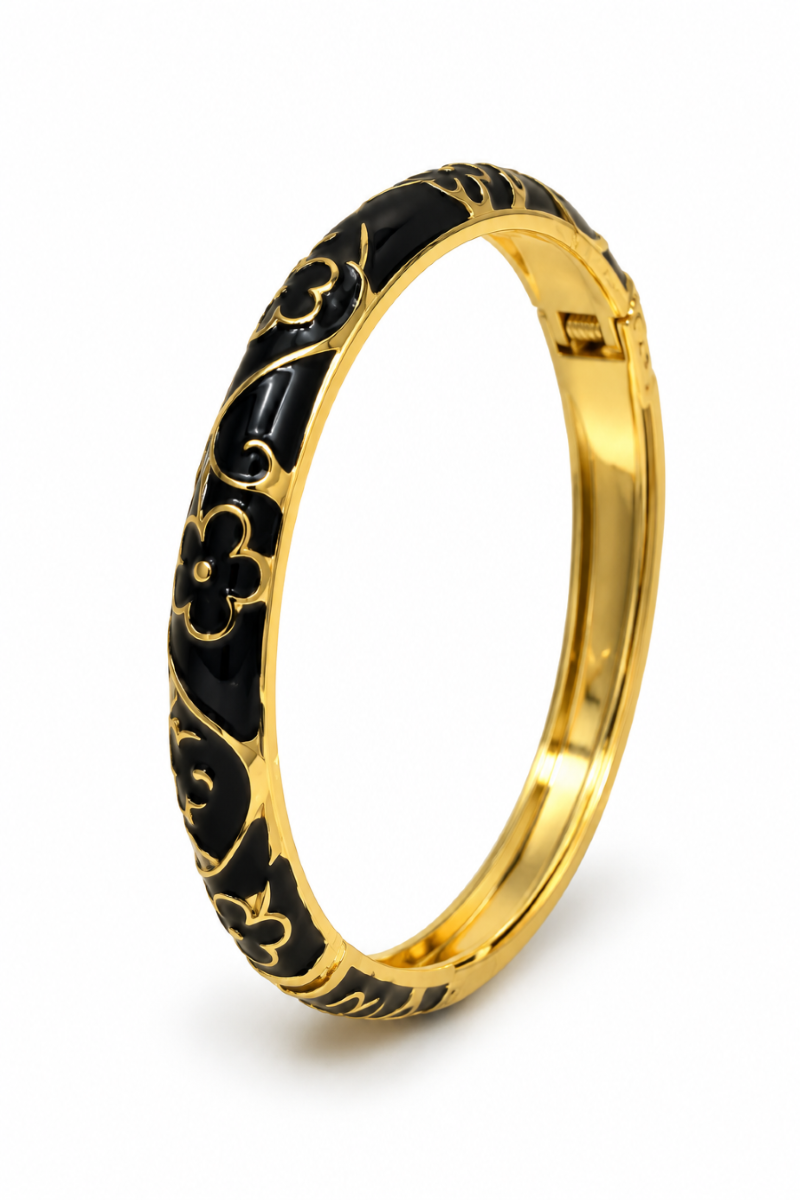 Black Enamel Floral Gold Oval Bangle (Anti-Tarnish) |  small wrists