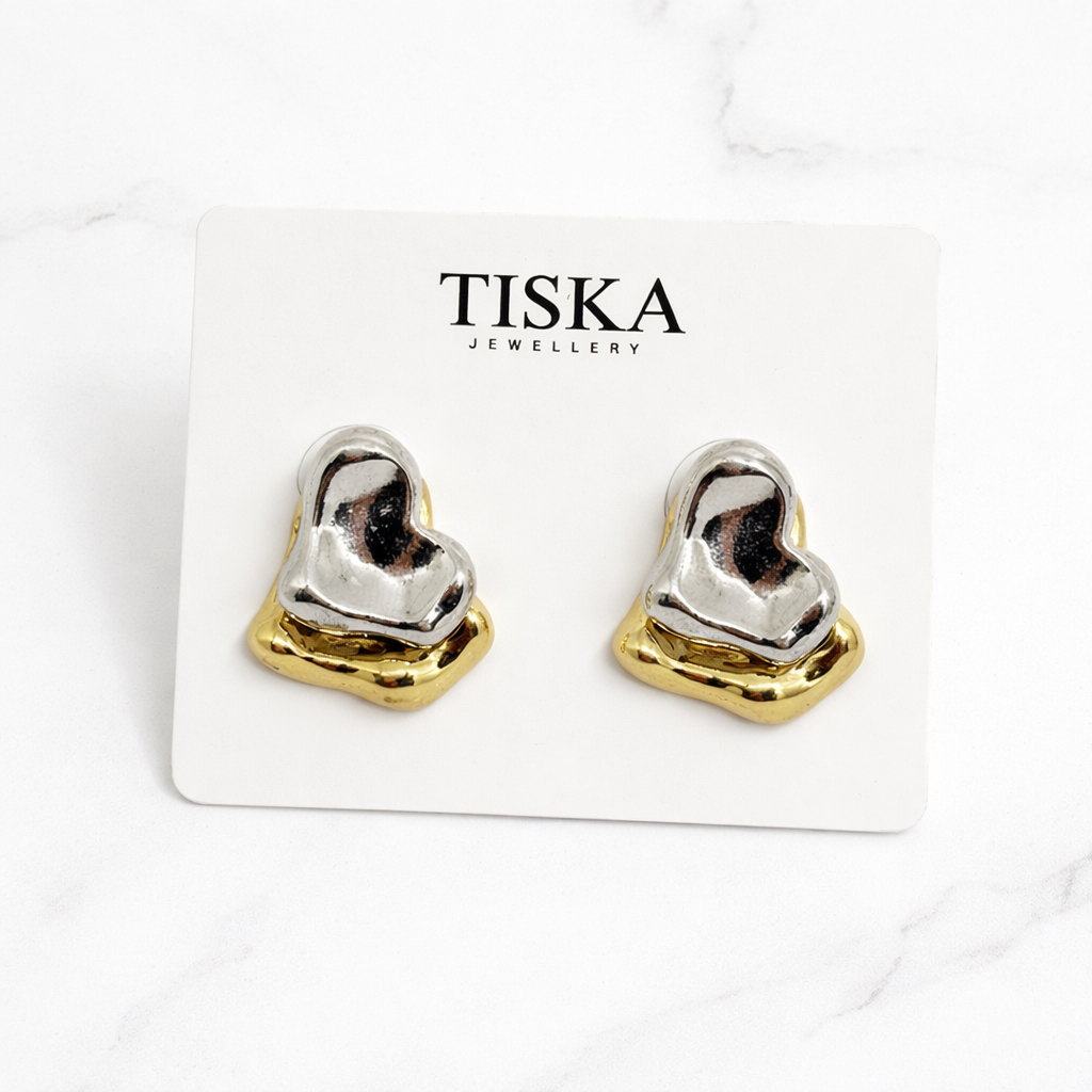 Golden Dual Heart Stud Earrings (Anti Tarnish)