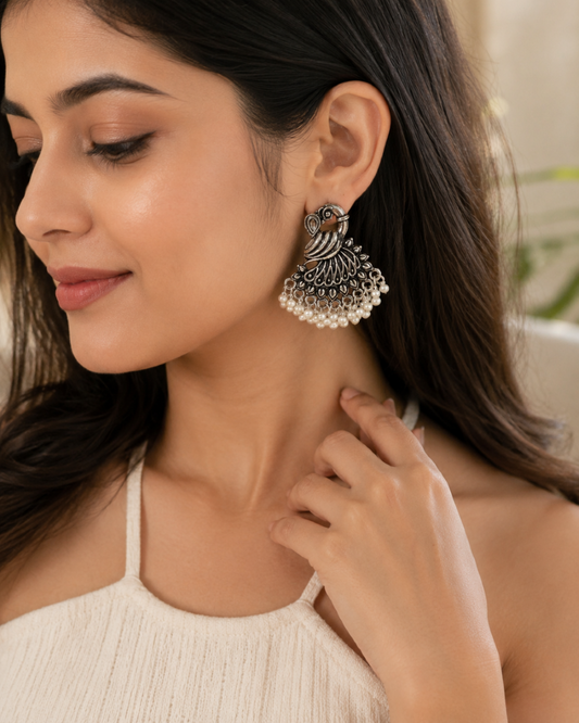 Royal Peacock Pearl Oxidised Earrings