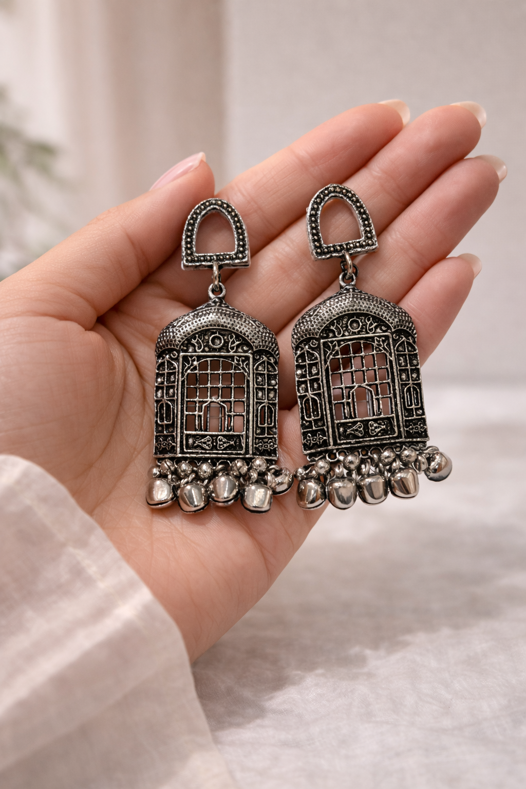 Heritage Arch Oxidised Jhumka Earrings