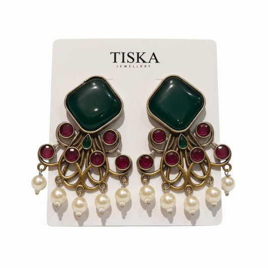 Emerald Ruby Pearl Statement Earrings