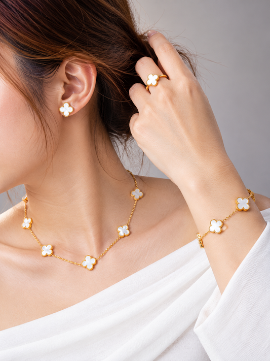 White Anti Tarnish Clover Jewellery Set (4-Piece)