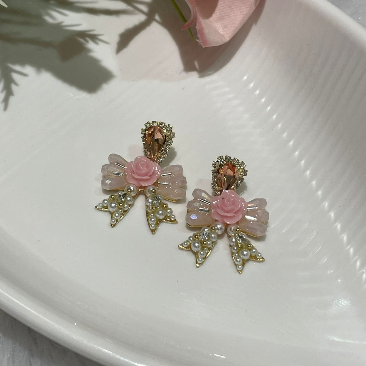Blush Rose Bow Crystal Stud Earrings