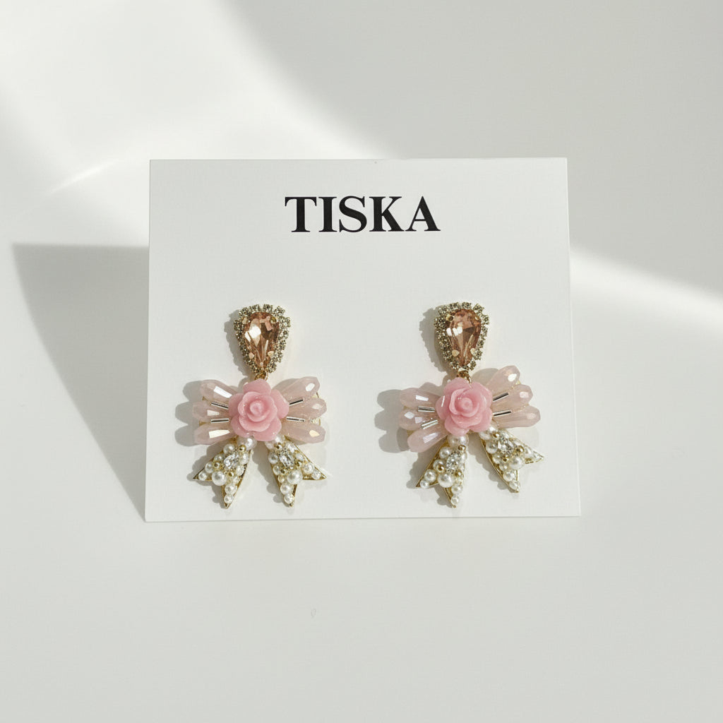 Blush Rose Bow Crystal Stud Earrings