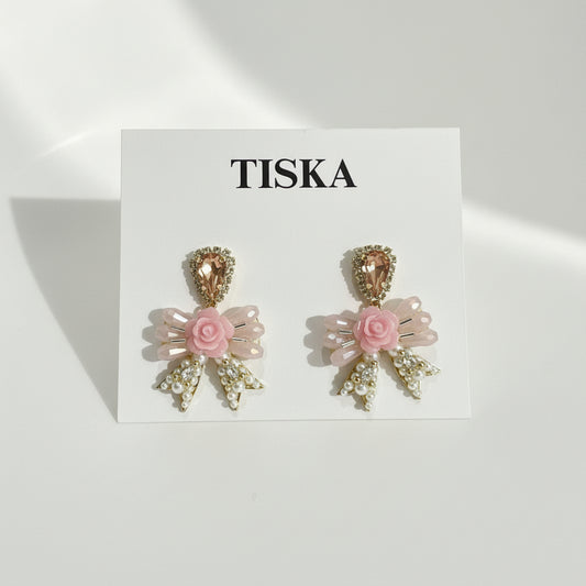Blush Rose Bow Crystal Stud Earrings