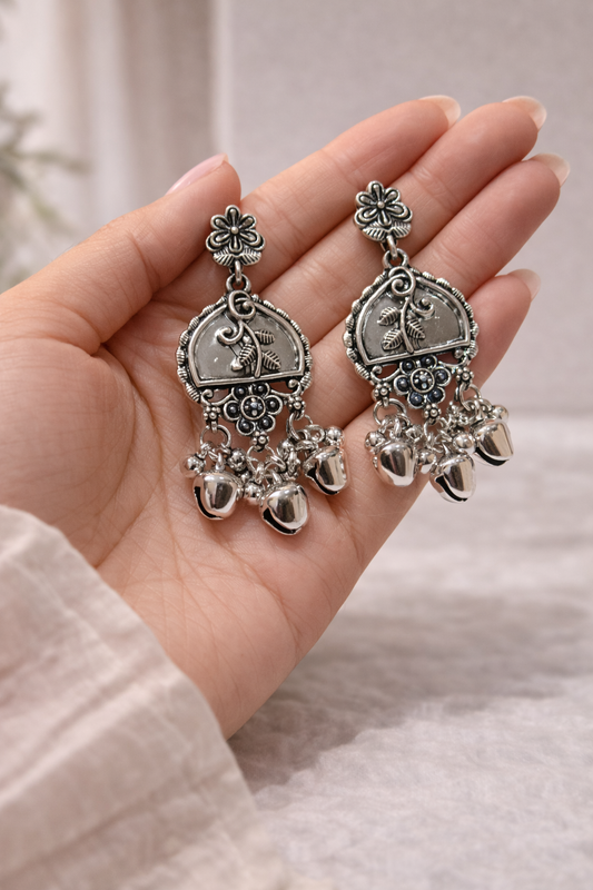 Vintage Bell Charm Oxidised Earrings