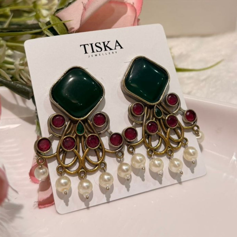Emerald Ruby Pearl Statement Earrings