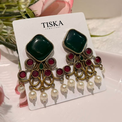 Emerald Ruby Pearl Statement Earrings