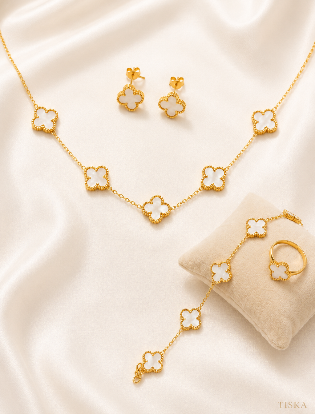 White Anti Tarnish Clover Jewellery Set (4-Piece)