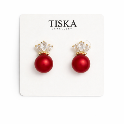 Ruby Pearl Crown Stud Earrings