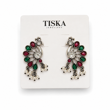 Peacock Charm Oxidised Statement Earrings